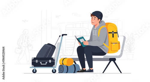 A young man wearing a beanie and hoodie is sitting on an airport bench, reading a book, next to a luggage cart with two suitcases.