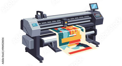 A large format industrial printer with a blue screen is actively printing a vibrant abstract design onto a wide paper sheet.