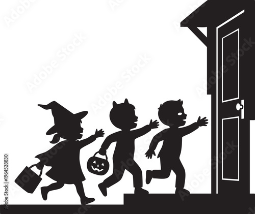 Excited children in festive Halloween costumes eagerly trick-or-treating, approaching a welcoming house door with anticipation for candy