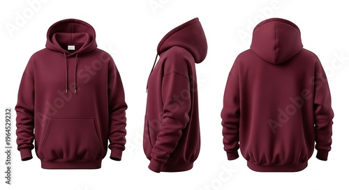 Maroon Hoodie Mockup Front Side and Back Views on White Background