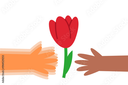 Diverse hands with tremor hold Parkinson's desease symbol - red tulip. Parkinson's awareness day banner. Shaking as a  symptom.