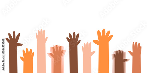Diverse raised hands, some of them shaking. Essential tremor, Parkinson's desease and neurological disorders banner. Anxiety, stress, instability, loss of control, withdrawal awareness concept.