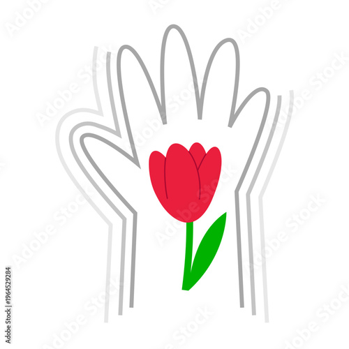 Hand silhouette with tremor and Parkinson's desease symbol - red tulip. Awareness day symbol. Minimal line illustration.