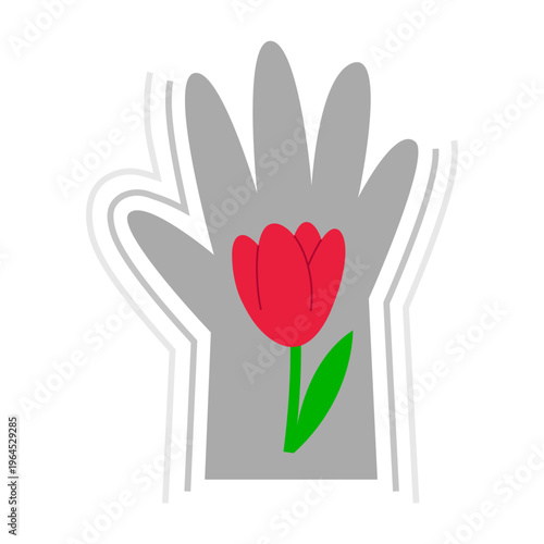 Hand silhouette with tremor and Parkinson's desease symbol - red tulip. Awareness day symbol. Minimal line illustration.