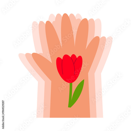 Hand silhouette with tremor and Parkinson's desease symbol - red tulip. Awareness day symbol. Minimal line illustration.