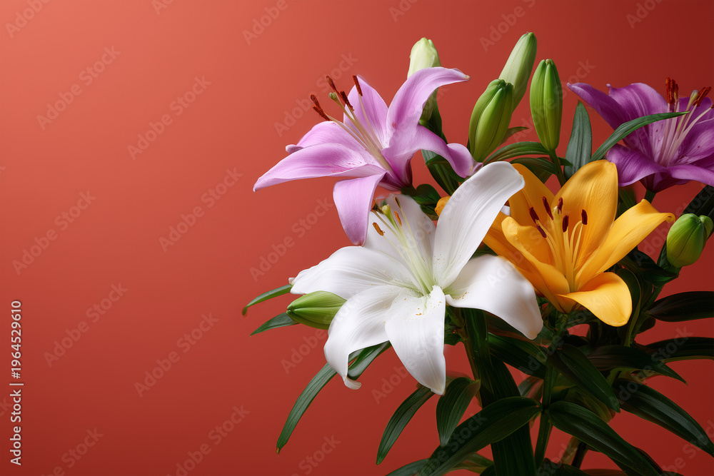 Obraz premium Colorful lilies on display with orange background in a studio setting