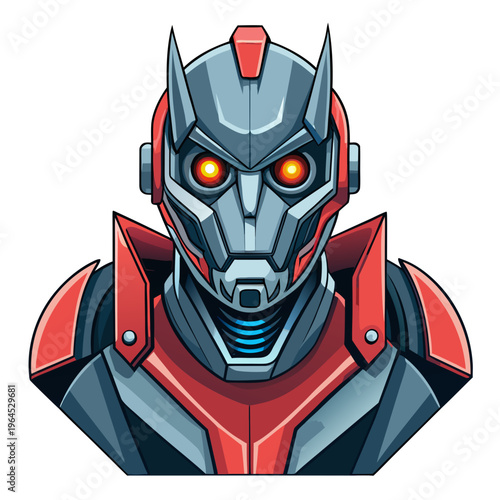 A robot with red and gray armor and orange eyes