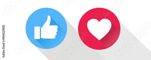 Like and love icon set with long shadow, thumbs up and heart symbols in circle buttons
