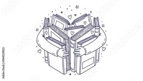 Literary Embrace: A whimsical illustration showcases the love of books, as stylized arms tenderly embrace a circle of open books. Sparkling stars and hearts sprinkle the scene.