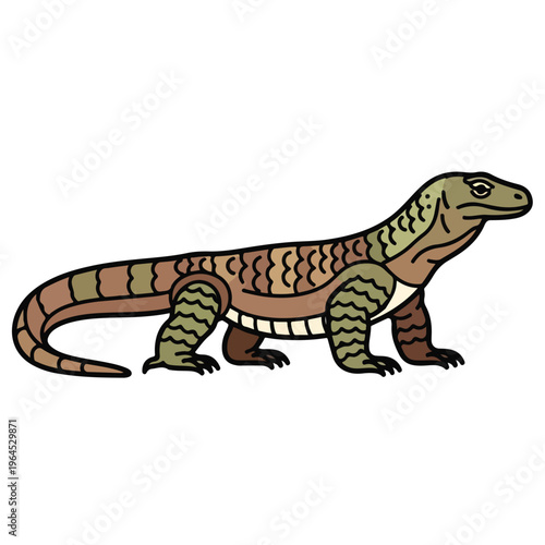 Colorful lizard with brown green and orange scales standing on white background