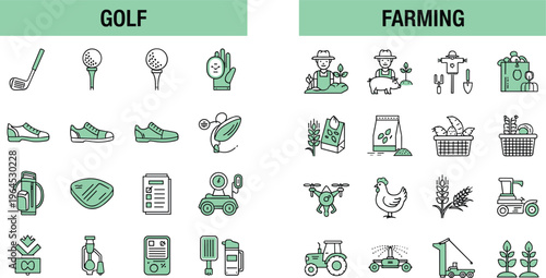 Golf and farming linear dot icons set with sport equipment agriculture tools and rural activity symbols vector illustration isolated on white background