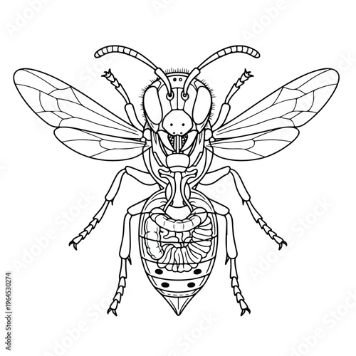 Insect anatomy detailed line drawing of a wasp with visible internal structures