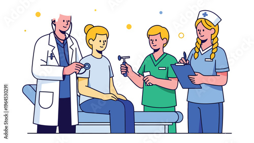 Medical Examination Illustration: A depiction of a healthcare team providing a comprehensive medical examination, highlighting the collaborative process of diagnosis and care.