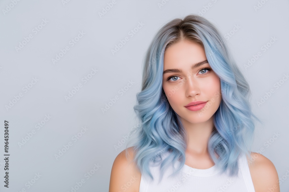 Naklejka premium Beautiful young woman with wavy pastel blue hair and natural makeup