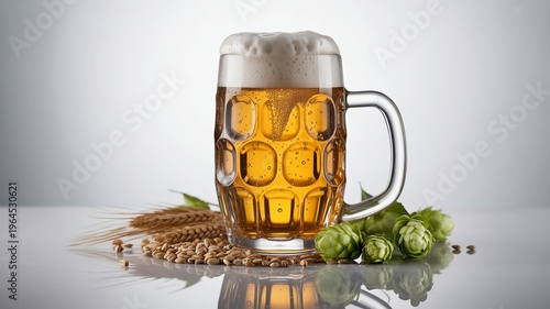 Fresh Golden Beer Mug with Foam, Barley Grains and Hops on Wet Reflective Surface, Minimalist Studio Lighting