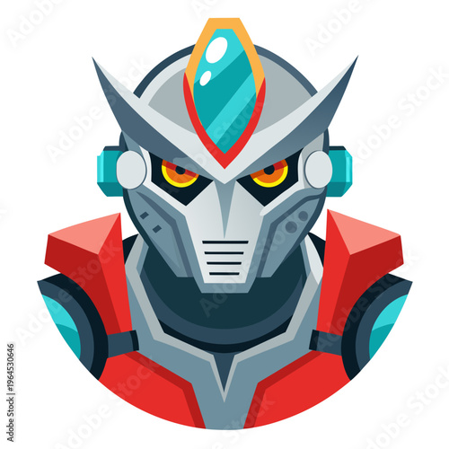 A robot with a red and silver costume and a blue gem on its forehead