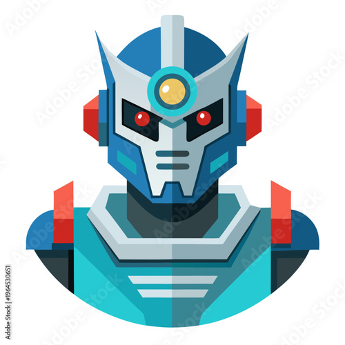 A blue and silver robot with red eyes