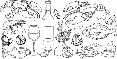 Seafood and wine illustration with fish shrimp lobster mussels squid and bottle of white wine
