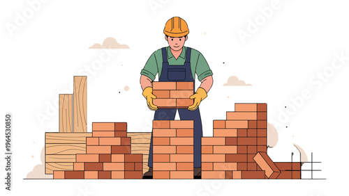 Crafting the Foundation: A dedicated construction worker meticulously places bricks, symbolizing the art of building and the creation of structures.