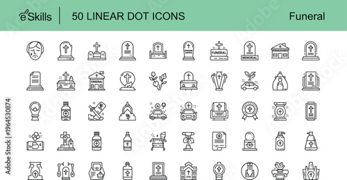 Funeral linear dot icons set with cemetery tombstone coffin memorial and mourning symbols vector illustration isolated on white background