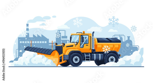 Heavy-Duty Yellow Snow Plow Truck Clearing Road in Industrial Area During Winter Snowfall - Flat Design Illustration