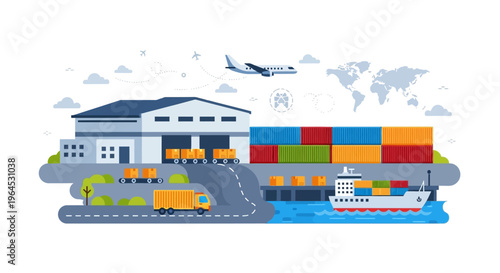 Global Logistics & Supply Chain Network Flat Illustration: International Freight Transportation via Warehouse, Truck, Ship, and Plane