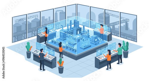 Industry 4.0 Smart Factory Control Room with Operators Monitoring Digital Twin Manufacturing & Automated Production Processes