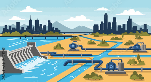 Integrated Water Management System: Dam, Pipelines, Pumping Stations, and River Flowing Towards City Skyline