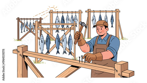 Fish Drying Process: An artisan meticulously hammers nails into a wooden structure, the backdrop reveals rows of drying fish suspended under the sun's gentle gaze.