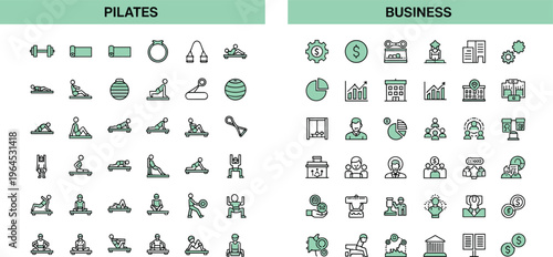 Pilates and business linear dot icons set with fitness exercises finance management and corporate symbols vector illustration isolated on white background