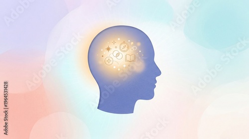 Abstract illustration of human head profile with creative thinking icons and glowing inner light