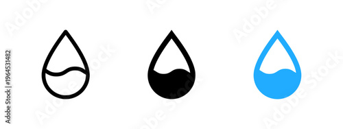 Half filled water drop icon. Water level and liquid volume symbol. Hydration and refresh concept showing medium fill sign. Fresh and clean droplet liquid quality icon for water and fluid contexts.