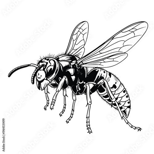 Detailed illustration of a wasp with transparent wings and body