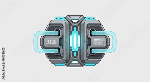 Futuristic device with glowing details and screens displaying time