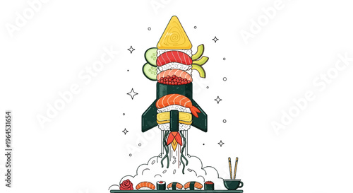 A sushi-based rocket is launching into space with a collection of sushi on a platform