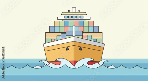 Cartoon illustration of a cargo ship at sea, loaded with colorful containers