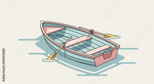 A cartoon rowboat in shades of blue and pink floats on light teal water