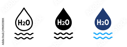 H2O water drop icon. Liquid and fluid symbol. Hydration, clean drink and fresh droplet sign. Pure water concept representing healthy and refreshing liquid.