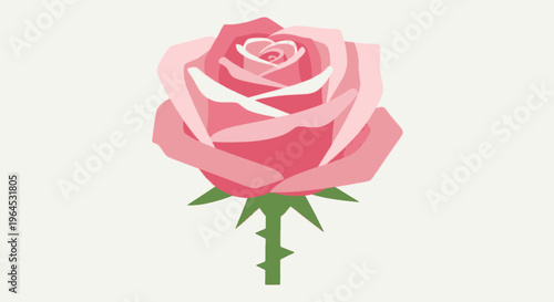 A stylized, vector illustration of a pink rose with green stem and thorns against a white background
