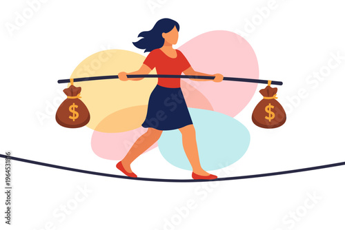 Woman balancing money bags on tightrope illustration.