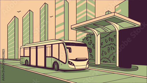 A cartoon vector illustration of a green eco bus and car driving through a city landscape with a blue sky for school transportation and family travel