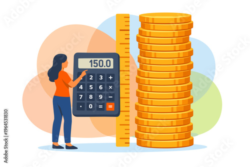 Woman calculating finances next to stack of coins and ruler.