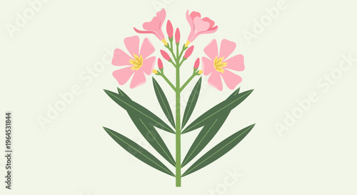 Vector illustration of a floral arrangement with pink blooms, green leaves and a central stem