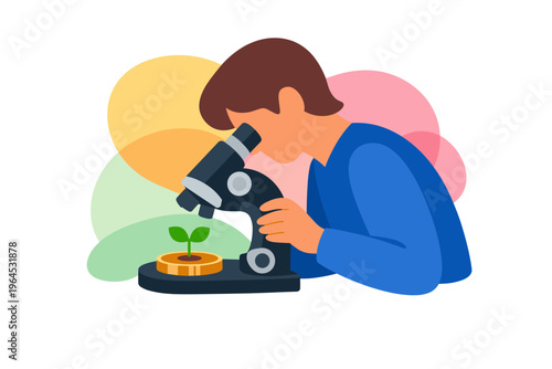 Young person using a microscope to examine a plant growing on coins.