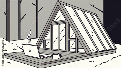 A modern 3d design sketch of a house building features a window on the roof and a window on a white background integrated with steel architecture and engineering blueprints for an urban exterior