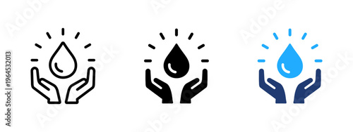 Hands holding water drop icon. Save water and purity symbol. Hydration, fresh and clean liquid sign. Droplet and conservation concept representing healthy and eco-friendly water.