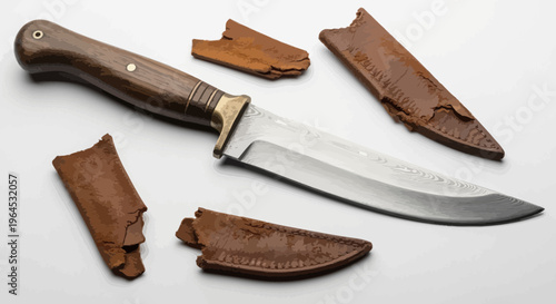 A knife with wood handle and a patterned blade, with cracked leather sheaths on a white surface