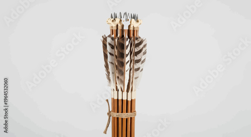 A bundle of arrows with feather fletching, bound with twine, against a white background