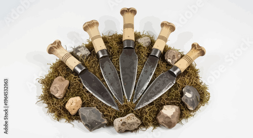 Five bone-handled knives arranged around moss and pebbles, on a white background
