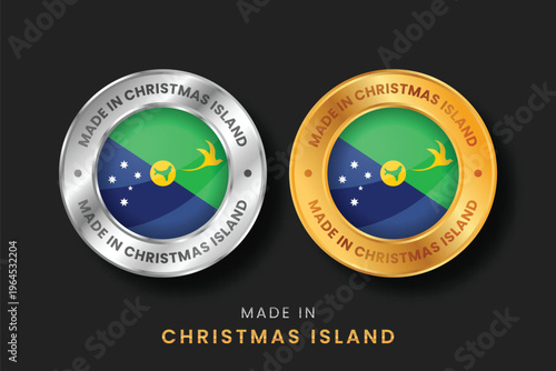Circular gold and silver labels with the Christmas Island flag. High-quality "Made in Christmas Island" emblems for local products, exports, and manufacturing origin certification.